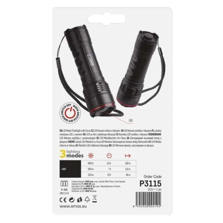 Latarka ręczna LED, 500 lm, 4 × AA, regulacja ogniskowej, obudowa metalowa, EMOS P3115