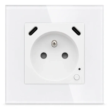Gniazdko elektryczne z uziemieniem z USB C+C 20W z pomiarem energii (watomierz) ZigBee białe podtynkowe z ramką szklaną - TAWOIA Glass