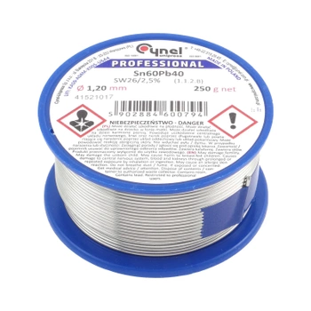 Cyna lutownicza Sn60Pb40 z topnikiem SW26, średnica 1,2 mm, szpula 250 g, Cynel