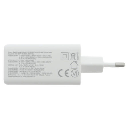 Ładowarka USB, ładowarka sieciowa USB, 2xUSB-C PD PPS QC4 65W, everActive GaN SC-655Q