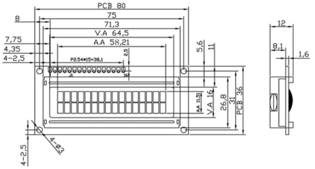 Wyświetlacz LCD alfanumeryczny 2x16 LCD-PC-1602AN-DIR R/KK-1L E6