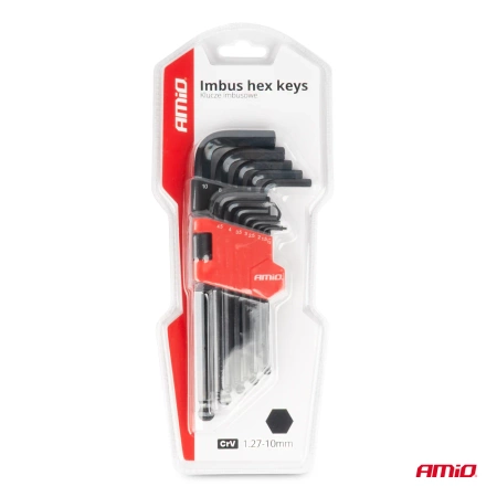 Zestaw kluczy imbusowych HEX z kulką - długie, czarne, CRV, 13 szt. AMIO-04304