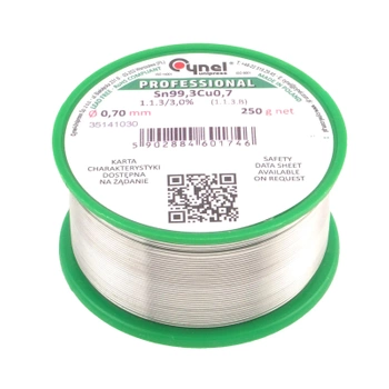 Cyna lutownicza bezołowiowa - spoiwo Sn99,3Cu0,7 - topnik 1.1.3 - 0,70mm - Cynel 250g