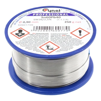 Cyna lutownicza Sn60Pb40 z topnikiem SW26, średnica 0,9 mm, szpula 250 g, Cynel
