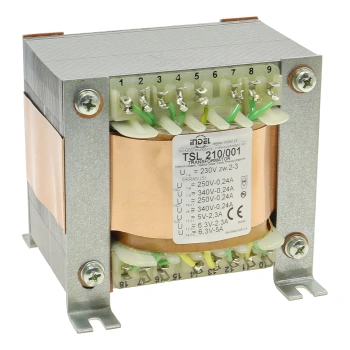 Transformator sieciowy lampowy TSL 210/001, 210VA, 2 × 250 lub 340V 0,24A, żarzenie 6,3V/5A, 5 lub 6,3V 2,3A, Indel