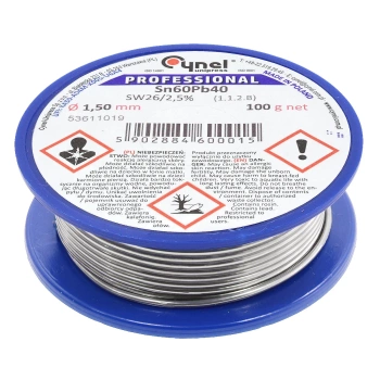 Cyna lutownicza Sn60Pb40 z topnikiem SW26, średnica 1,5 mm, szpula 100 g, Cynel