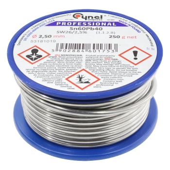 Cyna lutownicza Sn60Pb40 z topnikiem SW26, średnica 2,5 mm, szpula 250 g, Cynel