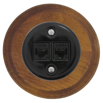 Gniazdo Ethernet Cat6 x2 okrągłe czarne z ramką ciemne drewno, montaż podtynkowy, Ceramic Loft