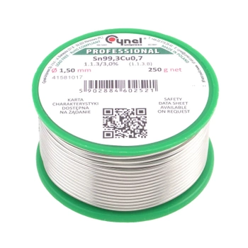 Cyna lutownicza bezołowiowa - spoiwo Sn99,3Cu0,7 - topnik 1.1.3 - 1,5mm - Cynel 250g