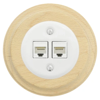 Gniazdo Ethernet Cat.6 x2 okrągłe białe ceramiczne podtynkowe z ramką drewnianą jasną - Ceramic Loft