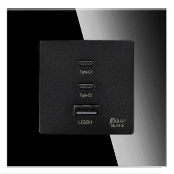 Ładowarka USB A + 2xC 65W GaN czarna podtynkowa z ramką szklaną - TAWOIA Glass