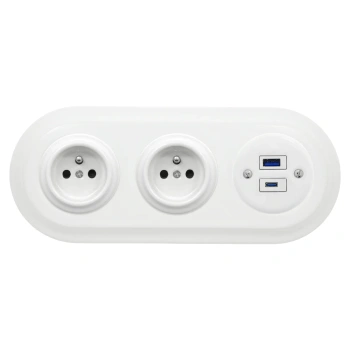 2x Gniazdo elektryczne okrągłe + Gniazdo USB A+C 4A z ramką potrójną, białe, montaż podtynkowy, Ceramic Loft