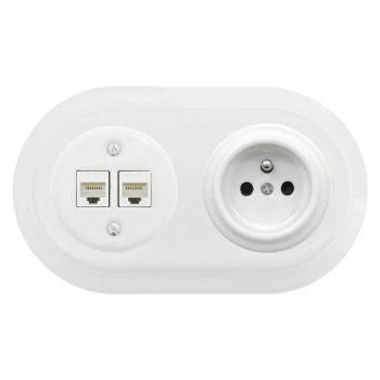 Gniazdo Ethernet Cat6 x2 + Gniazdo elektryczne okrągłe z ramką podwójną, białe, montaż podtynkowy, Ceramic Loft
