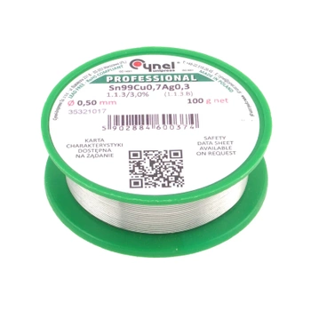 Cyna lutownicza bezołowiowa - spoiwo Sn99Cu0,7Ag0,3 - topnik 1.1.3 - 0,5mm - Cynel 100g