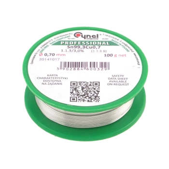 Cyna lutownicza bezołowiowa - spoiwo Sn99,3Cu0,7 - topnik 1.1.3 - 0,70mm - Cynel 100g