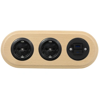 2x Gniazdko Schuko okrągłe + Gniazdko USB A+C 4A czarne z ramką potrójną jasne drewno, montaż podtynkowy, Ceramic Loft