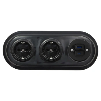 2x Gniazdko Schuko okrągłe + Gniazdko USB A+C 4A z ramką potrójną, czarne, montaż podtynkowy, Ceramic Loft