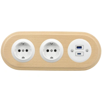 2x Gniazdko Schuko okrągłe + Gniazdko USB A+C 4A białe z ramką potrójną jasne drewno, montaż podtynkowy, Ceramic Loft