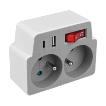 Rozgałęźnik wtykowy P905 DPM, 2 gniazda 2P+T 16 A, USB-A i USB-C 2,4 A, z włącznikiem, biało-szary