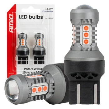 Żarówki LED W21/5W 7443 czerwone do świateł stop i pozycyjnych, 12/24 V, 15 diod SMD 3030, 2 szt. - AMiO 04999