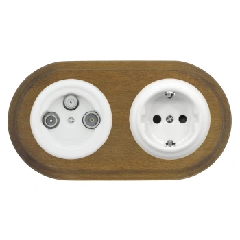 Gniazdo TV/SAT + Gniazdo elektryczne okrągłe białe z ramką podwójną ciemne drewno, montaż podtynkowy, Ceramic Loft