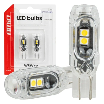 Żarówki LED W5W T10 bez CANBUS 12 V, 5 diod SMD 2835, przezroczysty korpus, światło białe, 2 szt. - AMiO 04995