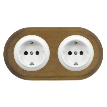 2x Gniazdko elektryczne Schuko okrągłe białe z ramką podwójną ciemne drewno, montaż podtynkowy, Ceramic Loft