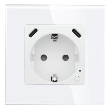 Gniazdko pojedyncze Schuko, 2x USB-C 20W - watomierz - ZigBee - szklana ramka - biały - Tawoia Glass