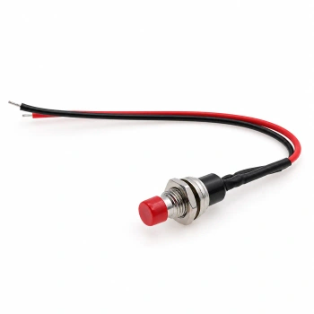 Przycisk chwilowy PBS-110 zwierny OFF-(ON), 1 A 250 V, otwór 7 mm, przewody 10 cm, czerwony