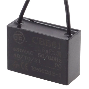 Kondensator rozruchowy do silnika 1,5µF 450VAC, CBB61, przewody ok. 10 cm, 37 × 15 × 26 mm