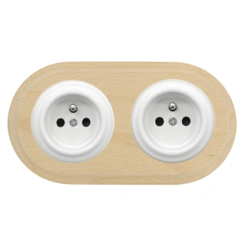 2x Gniazdo elektryczne okrągłe białe z ramką podwójną jasne drewno, montaż podtynkowy, Ceramic Loft