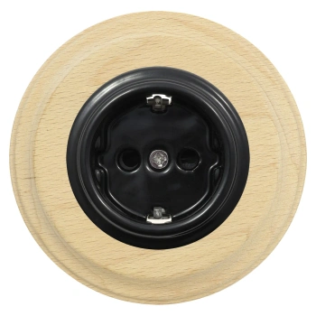 Gniazdo elektryczne Schuko okrągłe czarne z ramką jasne drewno, montaż podtynkowy, Ceramic Loft