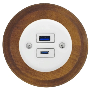 Ładowarka USB A+C 20W okrągła biała ceramiczna podtynkowa z ramką drewnianą ciemną - Ceramic Loft