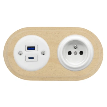 Gniazdo USB A+C 4A + Gniazdo elektryczne okrągłe białe z ramką podwójną jasne drewno, montaż podtynkowy, Ceramic Loft