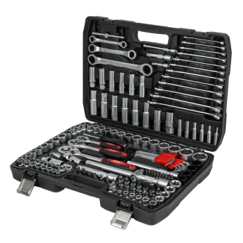 Zestaw 150 narzędzi: nasadki 1/4", 3/8" i 1/2", Torx E, klucze płasko-oczkowe, imbusy, w walizce - AMiO 05019