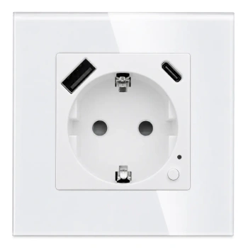 Gniazdko elektryczne Schuko z USB A+C 20W z watomierzem WiFi i Bluetooth białe podtynkowe z ramką szklaną - TAWOIA Smart Home