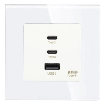 Ładowarka USB A + 2xC 65W GaN biała podtynkowa z ramką szklaną - TAWOIA Glass