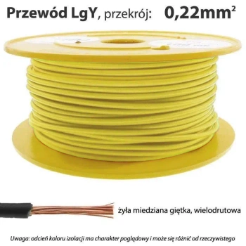 Przewód instalacyjny miedziany jednożyłowy LgY 0,22 mm2, linka giętka, żółty