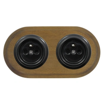 2x Gniazdo elektryczne okrągłe czarne z ramką podwójną ciemne drewno, montaż podtynkowy, Ceramic Loft
