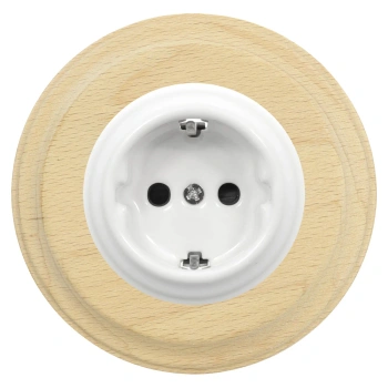 Gniazdo elektryczne Schuko okrągłe białe z ramką jasne drewno, montaż podtynkowy, Ceramic Loft
