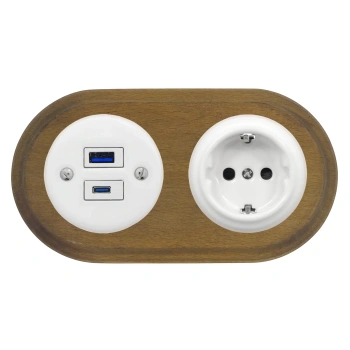 Gniazdo USB A+C 4A + Gniazdo elektryczne okrągłe białe z ramką podwójną ciemne drewno, montaż podtynkowy, Ceramic Loft