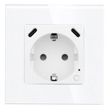 Gniazdko elektryczne Schuko z USB-C 20W z watomierzem WiFi i Bluetooth białe podtynkowe z ramką szklaną - TAWOIA Smart Home