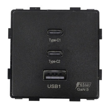 Ładowarka USB A + 2xC 65W GaN czarna podtynkowa (moduł bez ramki) - TAWOIA Glass