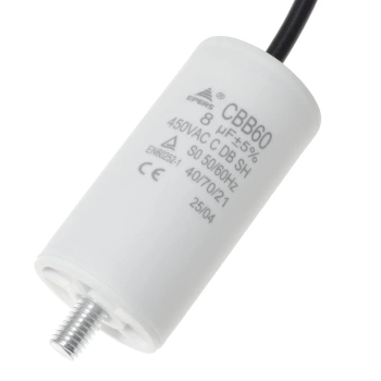 Kondensator rozruchowy do silnika 8uF 450VAC, przewody 15cm, 35x65mm
