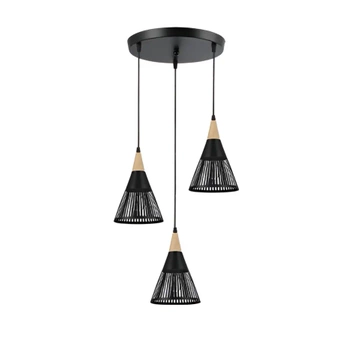 Lampa sufitowa HIRA, oprawa 3x E27, żyrandol w stylu LOFT, kolor czarny + drewno