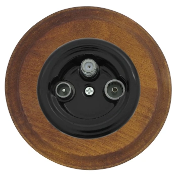 Gniazdo TV/SAT okrągłe czarne z ramką ciemne drewno, montaż podtynkowy, Ceramic Loft