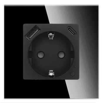 Gniazdko pojedyncze Schuko, 2x USB-C 20W - watomierz - WiFi / BT - szklana ramka - czarny - Tawoia Glass