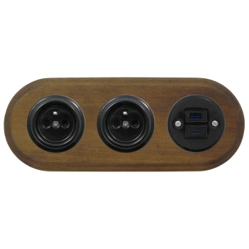 2x Gniazdko elektryczne okrągłe + Gniazdko USB A+C 4A czarne z ramką potrójną ciemne drewno, montaż podtynkowy, Ceramic Loft
