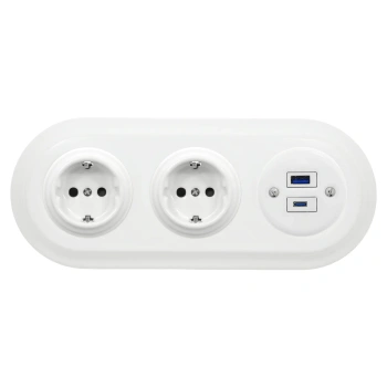 2x Gniazdko Schuko okrągłe + Gniazdko USB A+C 4A z ramką potrójną, białe, montaż podtynkowy, Ceramic Loft