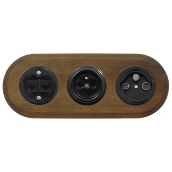 Gniazdo Ethernet Cat6 x2 + Gniazdo elektryczne + Gniazdo TV/SAT czarne z ramką potrójną ciemne drewno, montaż podtynkowy, Ceramic Loft